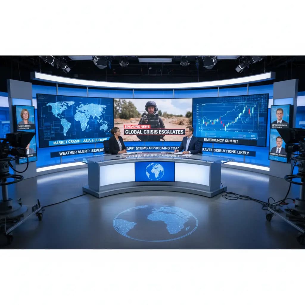 Estúdio de televisão com apresentadores de notícias